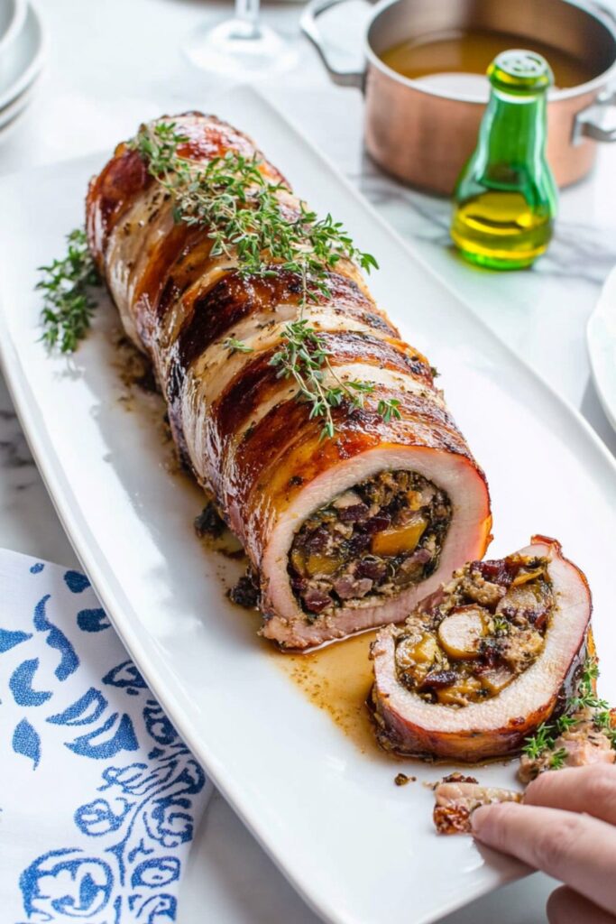 Crispy rolled pork belly stuffed with peach filling, served as a hearty centerpiece for Valentines dinner recipes.