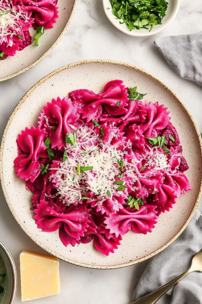 Creamy beet farfalle, a quick and easy Valentines day dinner option or romantic meals choice.