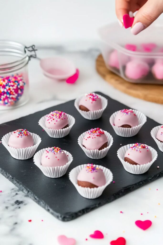 Hand-rolled chocolate ganache truffles coated in cocoa powder, ideal for a sweet finish to a Valentines dinner at home.