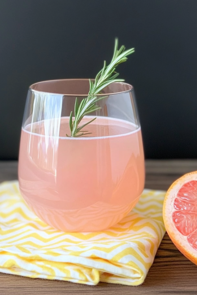 A refreshing grapefruit and rosemary mocktail in a glass with a sprig of fresh rosemary, ideal for Valentine’s Day drinks.