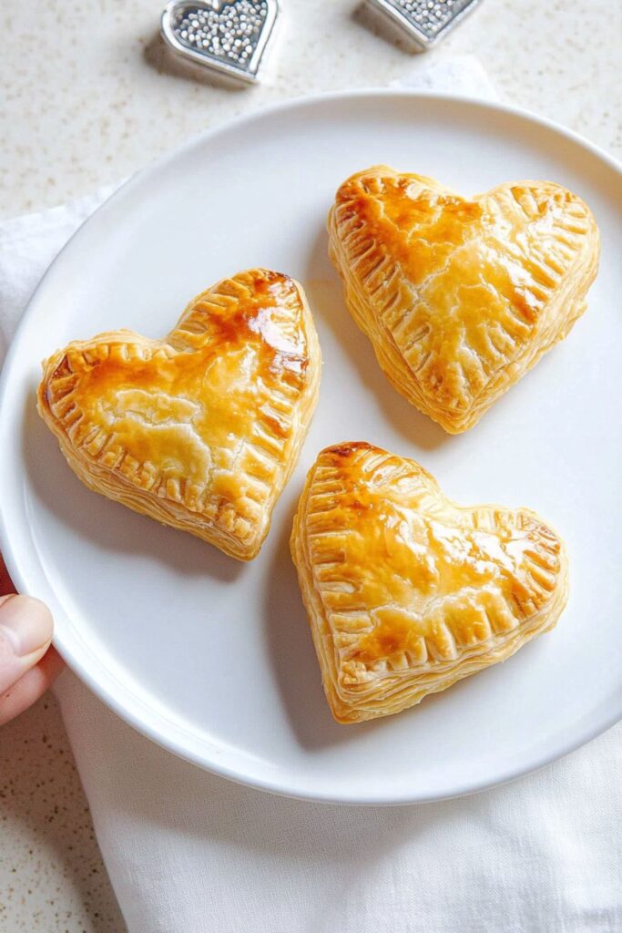 Flaky puff pastry hearts filled with melted cheese and savory ham, a delightful option for a romantic Valentines dinner appetizer.