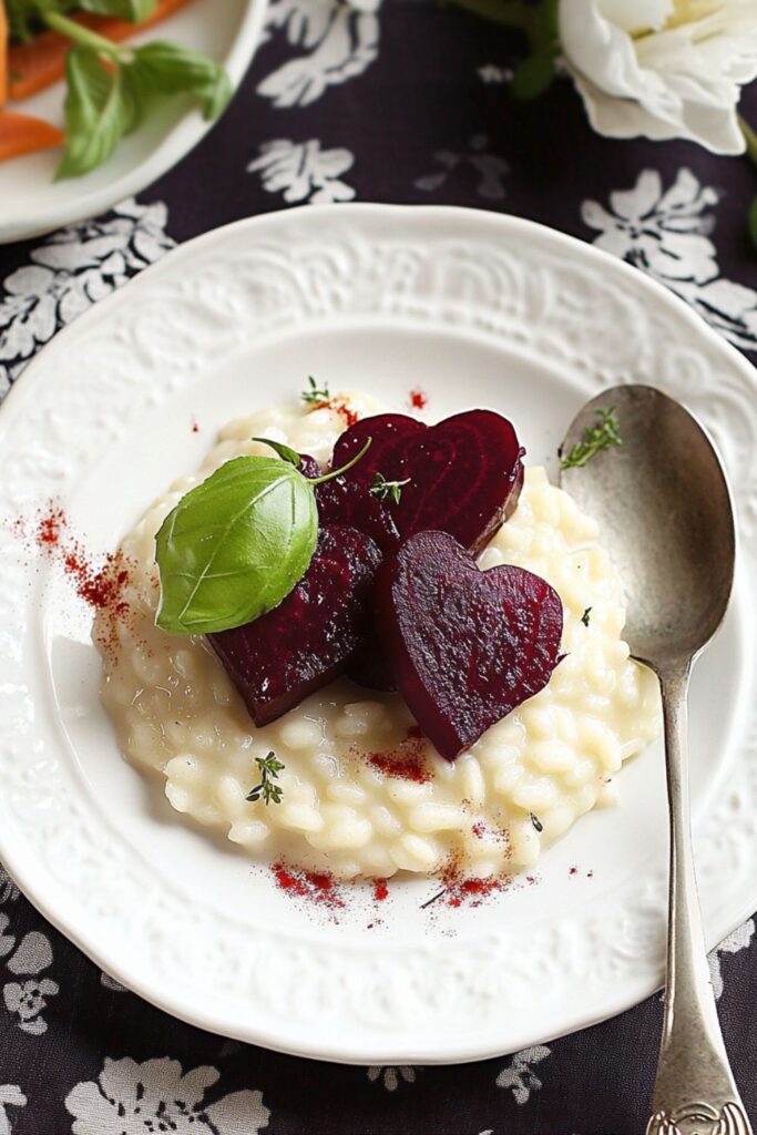 A creamy heart beet risotto, a delightful and romantic Valentine’s day dinner or Valentine dinner party dish.