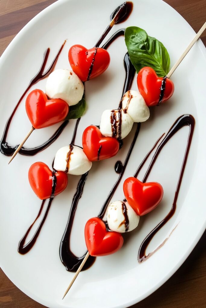 Heart-shaped mozzarella and tomato skewers drizzled with balsamic glaze, a light and festive option for Valentines dinner appetizers.