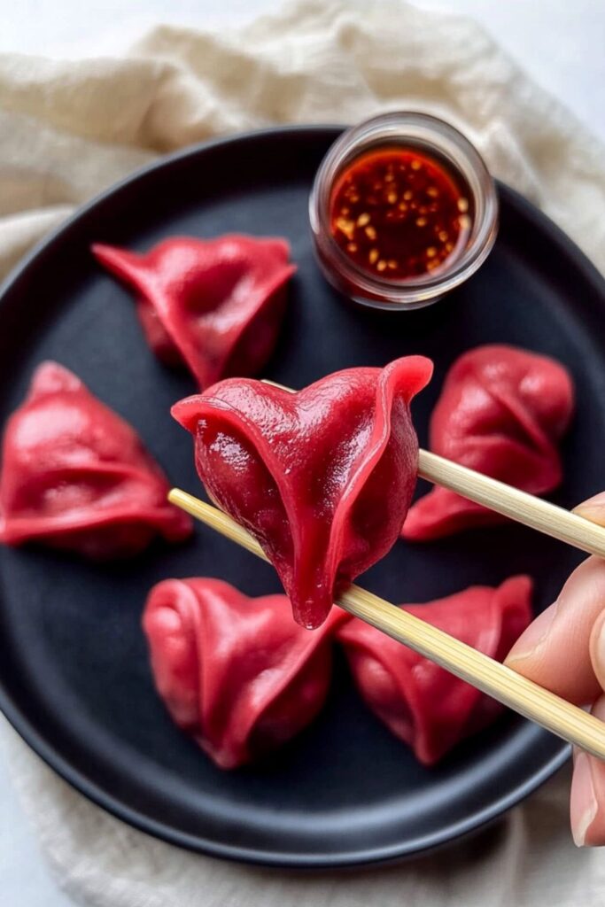 Heart-shaped dumplings in a steamer basket, a fun and creative Valentines party food idea or Valentine dinner party appetizer.