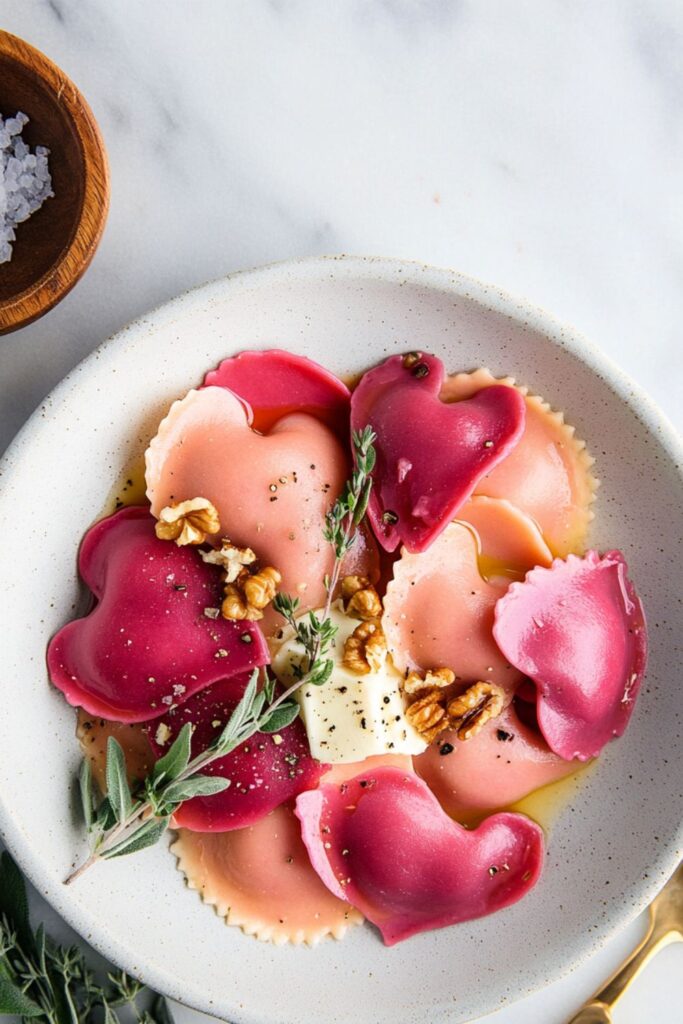 Heart-shaped ravioli filled with creamy ricotta and thyme, an adorable and tasty choice for a Valentines pasta dinner.