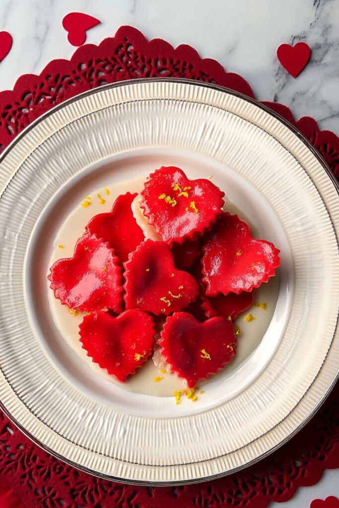 Heart-shaped ravioli filled with lemon ricotta, ideal for Valentine dinner party celebrations and romantic meals.