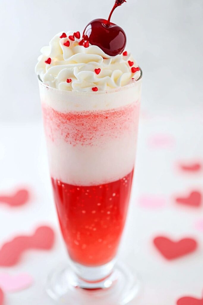 A creamy Italian soda with a vibrant pink hue, topped with whipped cream and a cherry, ideal for mocktails for Valentine’s Day celebrations.