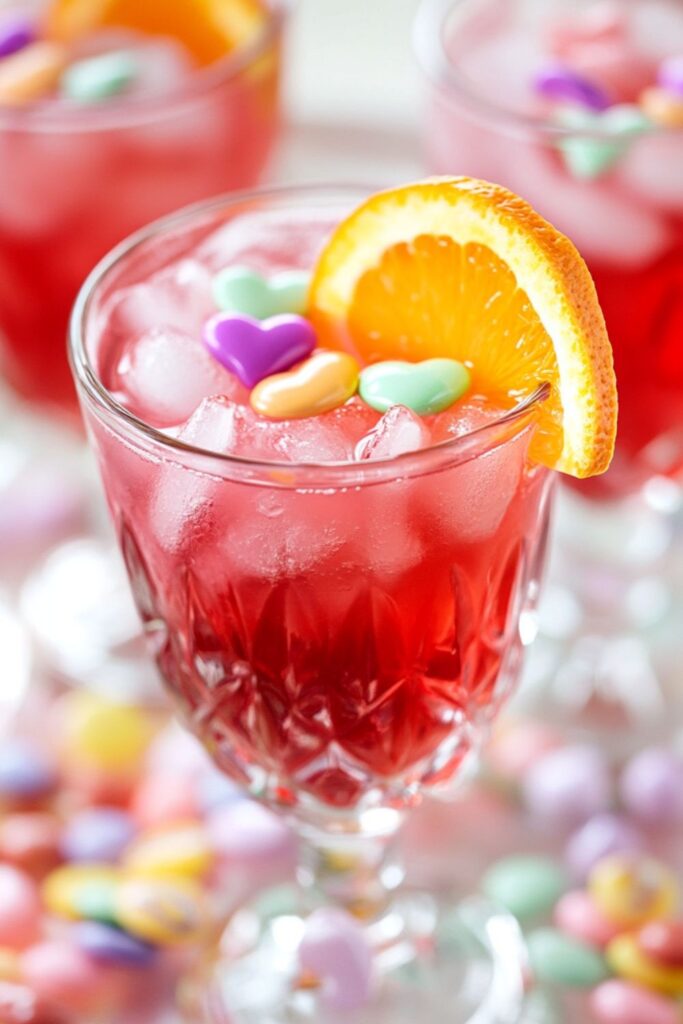 A bright red Valentine’s mocktail served in a festive glass with heart-shaped ice cubes, perfect for Valentine’s mocktails for kids.