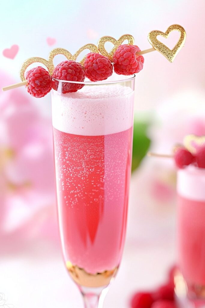 A sparkling pink mocktail garnished with fresh raspberries and a heart-shaped stirrer, perfect for mocktails for Valentine’s Day.