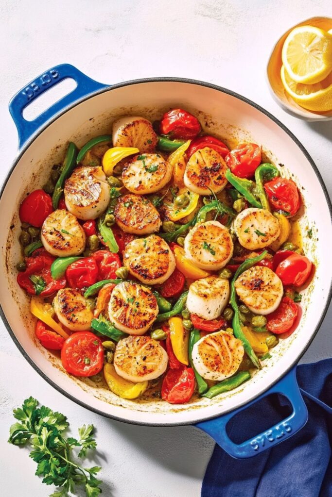 Seared golden scallops on a bed of sautéed Mediterranean vegetables, a light and elegant option for a Valentines seafood dinner.