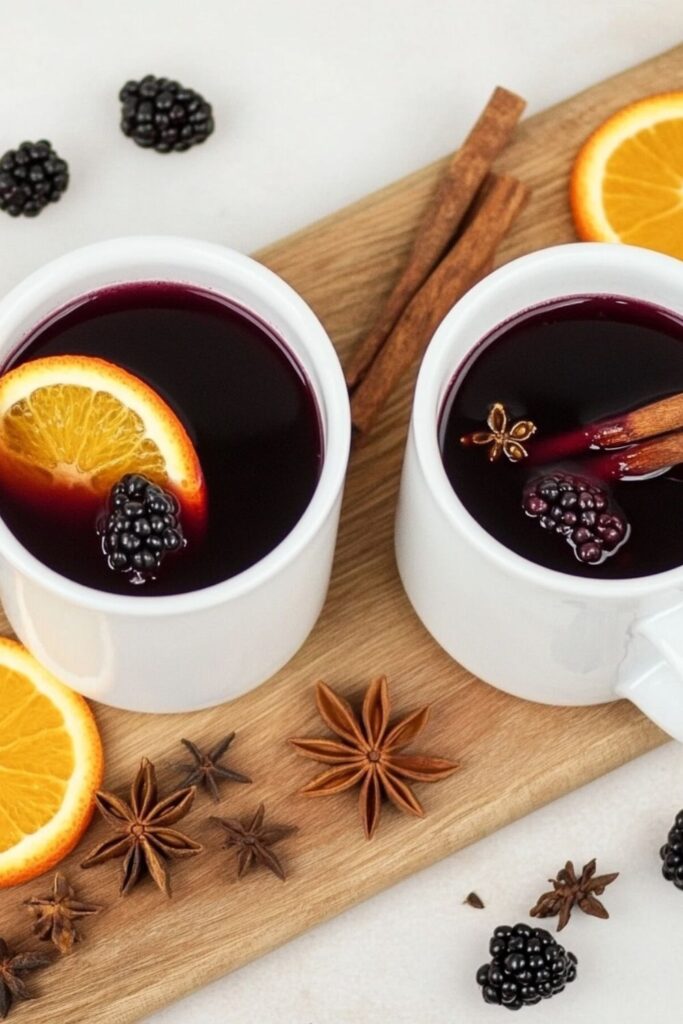 A warm non-alcoholic mulled wine mocktail with cinnamon sticks and orange slices, perfect for cozy Valentine’s drinks.