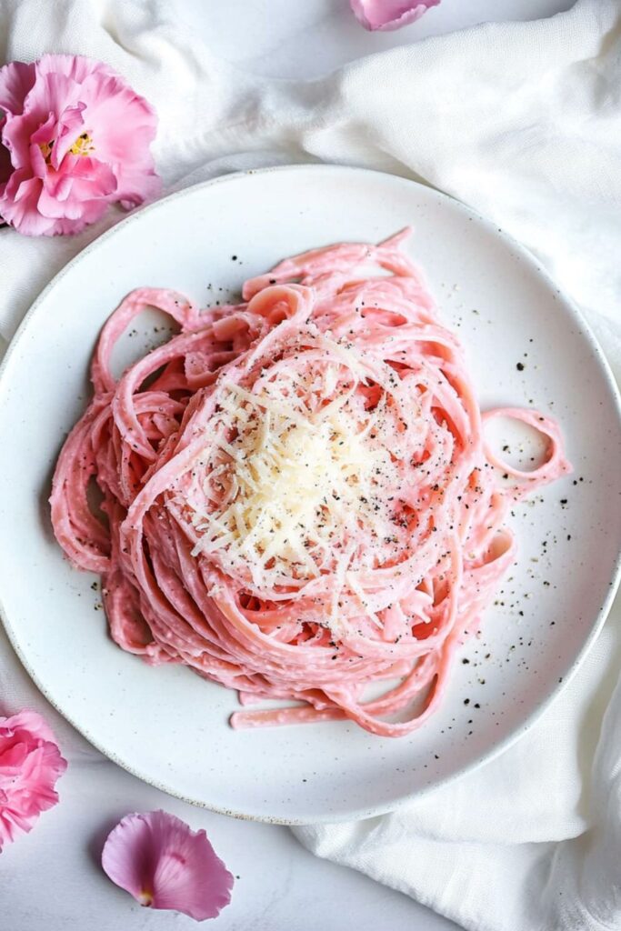 A bowl of pink cacio e pepe, a fun and elegant twist on a traditional Italian pasta for Valentine's day recipes.