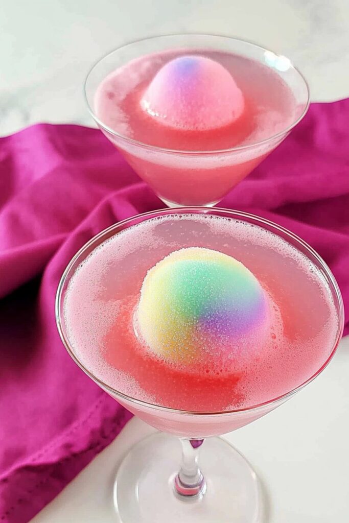 A colorful pink rainbow sherbet mocktail topped with scoops of sherbet, perfect for vibrant Valentine’s mocktails for kids.