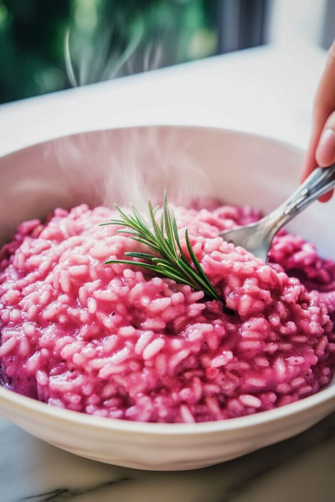 Creamy pink risotto served in a bowl, topped with fresh herbs, perfect for a romantic Valentines dinner at home.