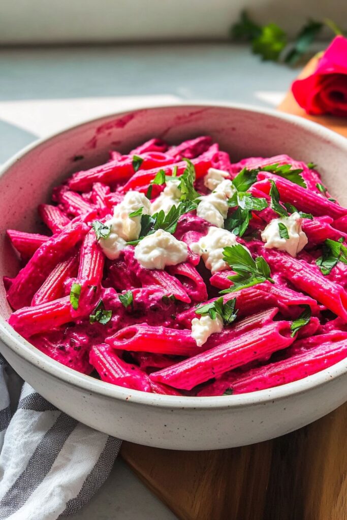 A creamy pink vegan pasta, perfect for a Valentine's party or valentines day recipes for plant-based eaters.