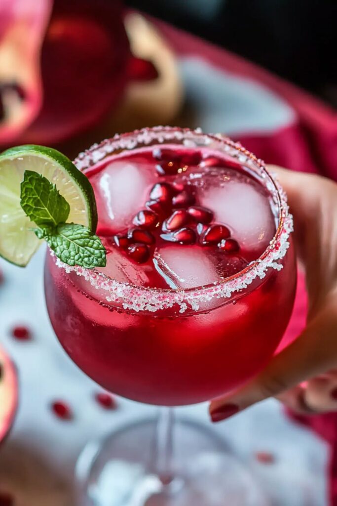 A tall glass of pomegranate rose mocktail with ice cubes and fresh petals, perfect for Valentine’s mocktails non-alcoholic occasions.