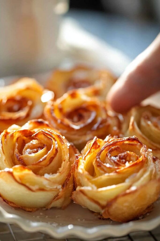 Crispy and golden potato roses arranged beautifully on a plate, a stunning side dish for a Valentines day dinner.