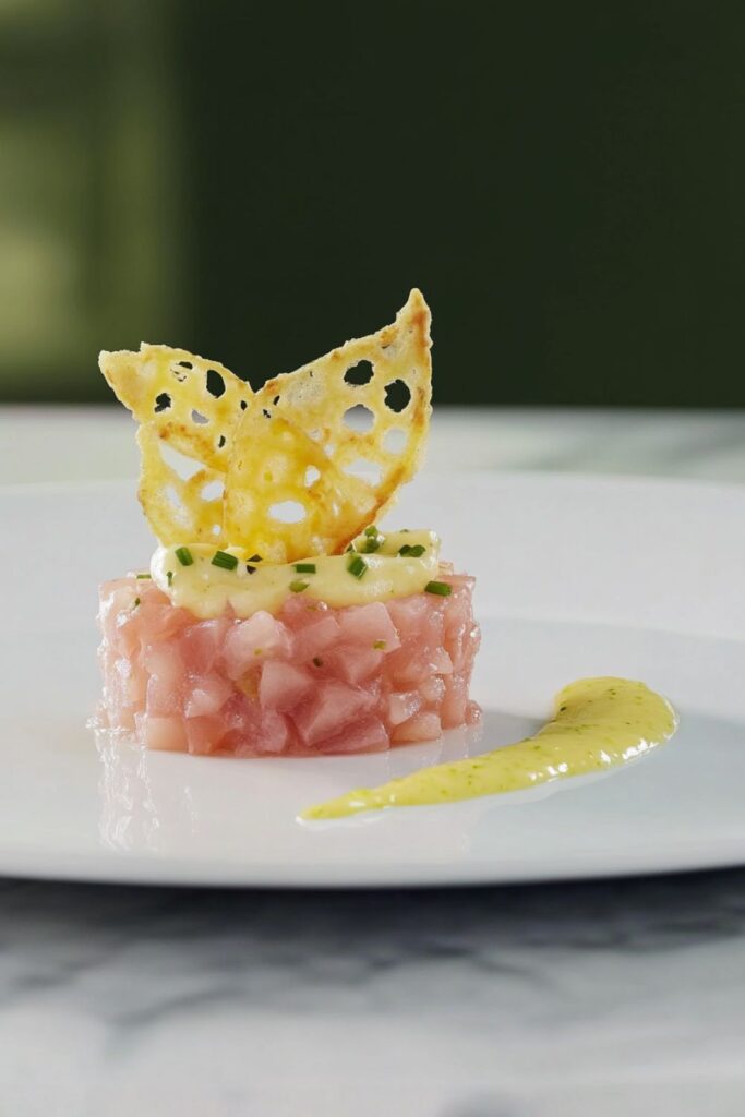 Fresh prawn tartare topped with a delicate Grana Padano wafer and lime mayo, ideal for an elegant Valentines dinner.