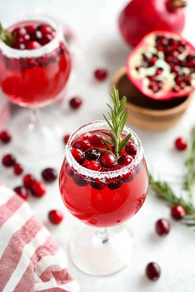 A sparkling non-alcoholic Prosecco drink with pomegranate seeds and cranberries, ideal for festive Valentine’s Day mocktails non-alcoholic.