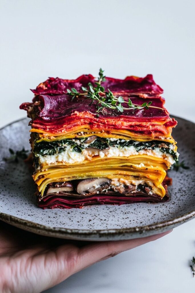 A slice of rainbow lasagna packed with vegetables, a great family Valentines dinner or Valentines brunch option.