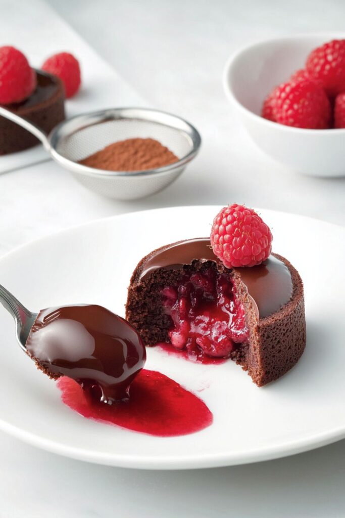 Gooey molten chocolate lava cakes with a fresh raspberry center, a decadent dessert for a romantic Valentines dinner.