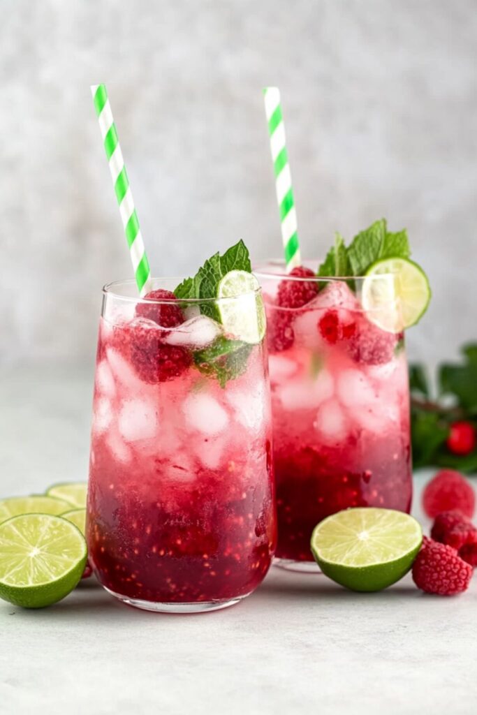 A refreshing raspberry lime and mint mocktail served in a glass with fresh raspberries and a sprig of mint, perfect for Valentine’s drinks.