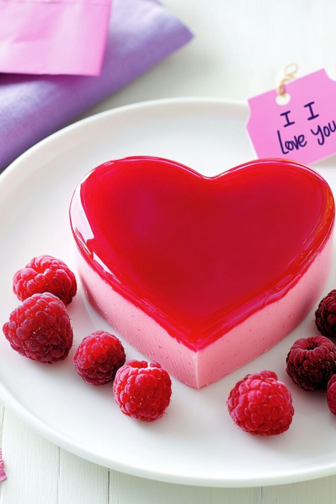 Heart-shaped raspberry mousse desserts with a glossy red finish, perfect for a Valentines dinner for two.