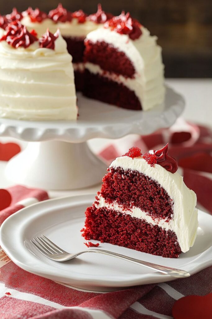 A small red velvet cake with cream cheese frosting, an intimate and indulgent dessert for a Valentines dinner for two.