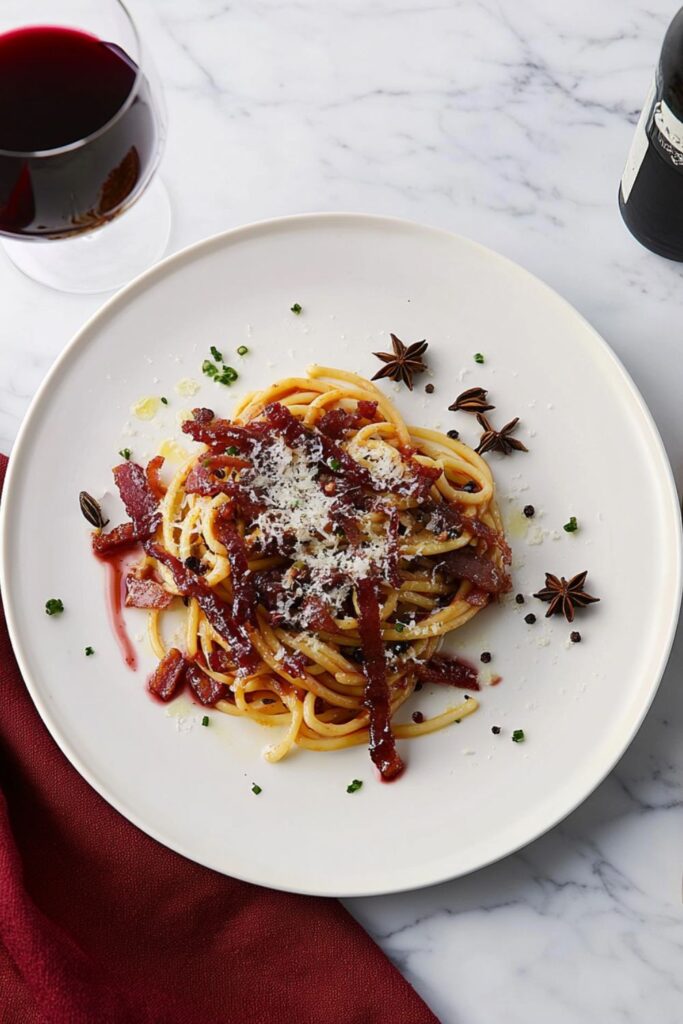 Linguine cooked in red wine and topped with bacon and Parmigiano, ideal for a romantic classic Valentines dinner or Valentine's party.