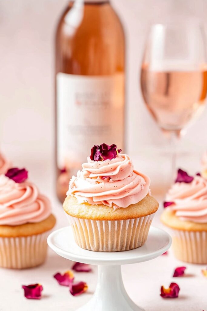 Light pink cupcakes infused with rosé, topped with frosting and sprinkles, an elegant dessert for a Valentines day dinner.