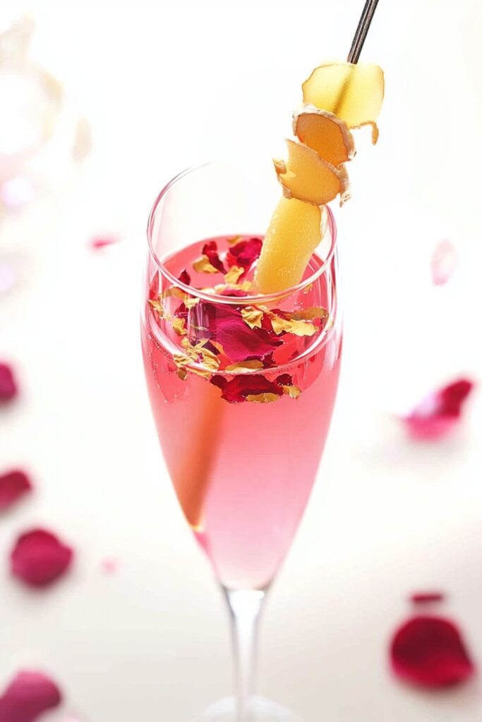 A chic rose pink ginger mocktail with a slice of lime and a sprig of mint, perfect for elegant Valentine’s Day drinks.