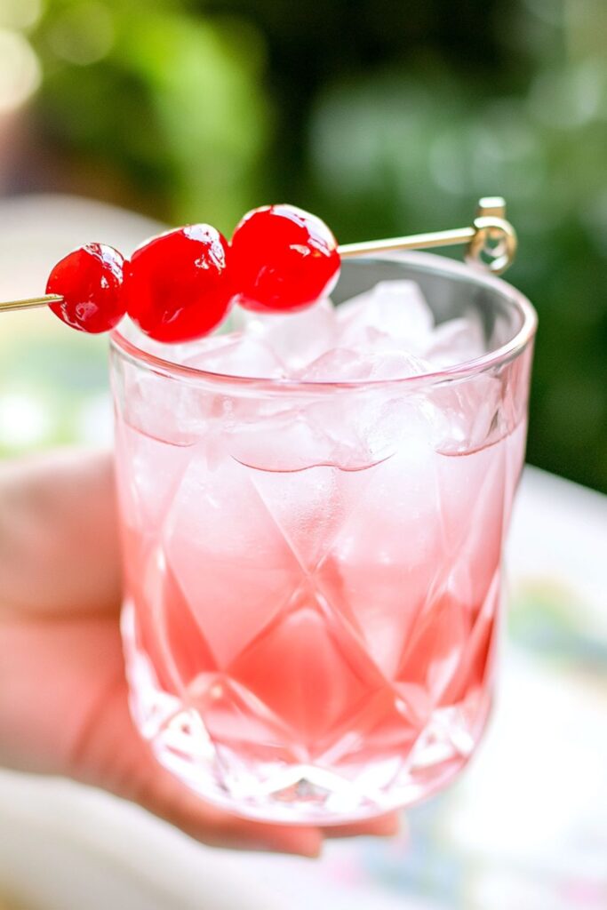 A sparkling rose lemonade mocktail in a glass with a lemon slice and pink floral garnish, perfect for Valentine’s mocktails non-alcoholic celebrations.