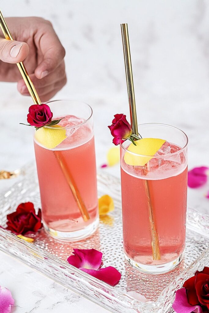 A delicate rose petals lemonade mocktail in a glass with floating petals and a lemon slice, perfect for Valentine’s Day mocktails non-alcoholic.