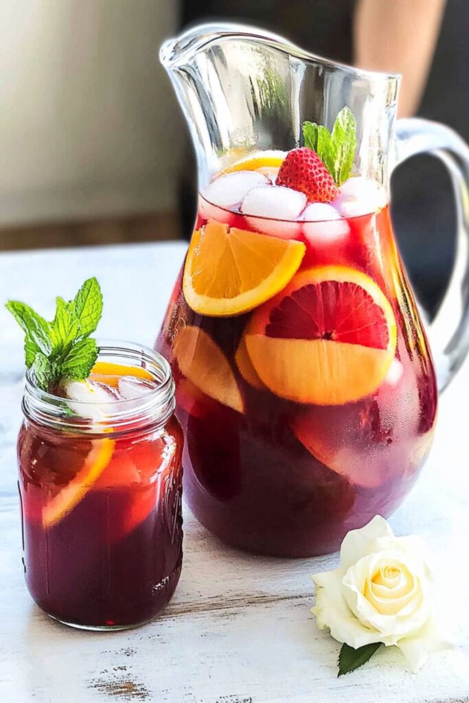 A refreshing sangria mocktail with slices of orange, lemon, and berries floating in a vibrant drink, perfect for Valentine’s mocktails non-alcoholic.