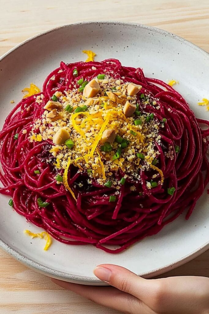 A plate of vibrant scarlet spaghetti topped with anchovies, walnuts, and crispy breadcrumbs, ideal for a Valentines dinner for two.