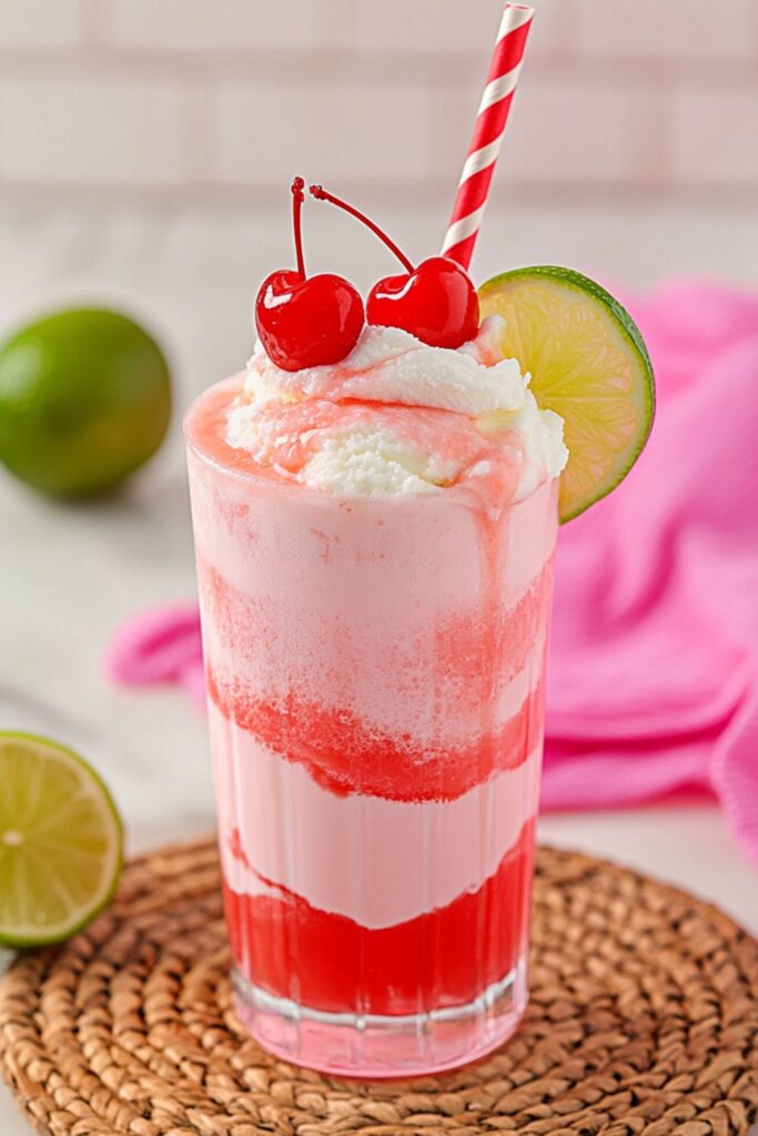 A Shirley Temple float with scoops of vanilla ice cream and cherries, perfect for fun Valentine’s mocktail ideas.