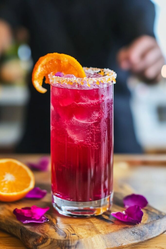 A sparkling hibiscus mocktail in a flute glass with a floral garnish, perfect for elegant Valentine’s cocktails.