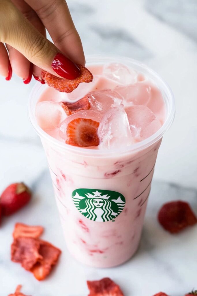 A creamy pink drink with fresh strawberries and coconut milk, perfect for mocktails for Valentine’s Day.