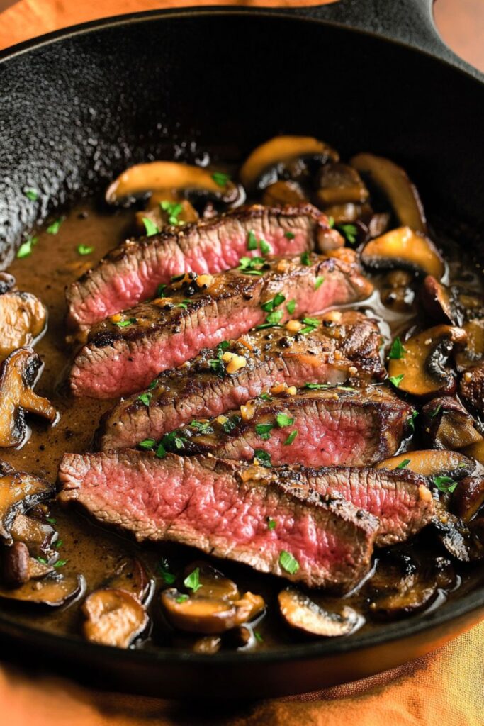 Tender steak cooked in a Marsala wine sauce with mushrooms, a classic dish for a Valentines steak dinner.