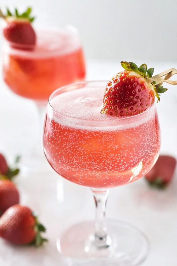 A bubbly strawberry spritzer served in a flute glass with a fresh strawberry garnish, perfect for Valentine’s Day drinks.