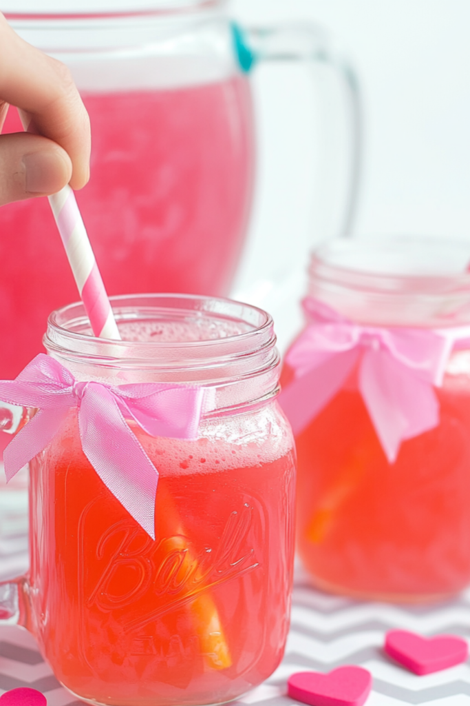 A vibrant red sweetheart punch mocktail in a bowl garnished with fresh berries and mint, ideal for Valentine’s Day drinks.