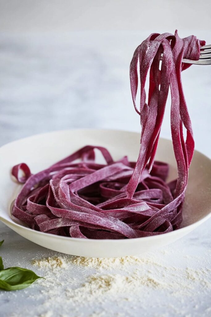 A plate of bright pink beet fettuccine, a stunning dish perfect for Valentines dinner ideas or Valentine's day recipes.