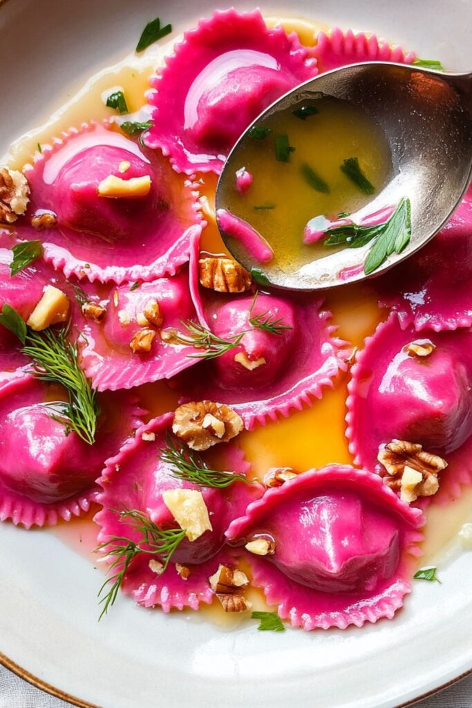 Heart-shaped beet ravioli filled with creamy ricotta, perfect for a Valentine's Day dinner or a romantic evening at home.