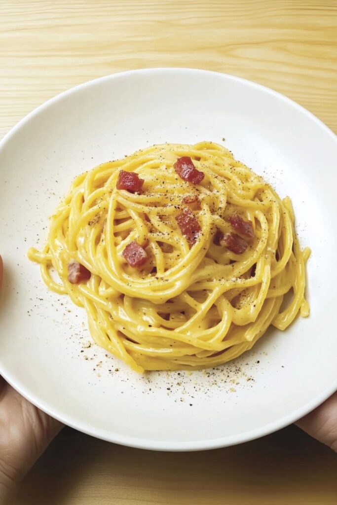 A plate of creamy carbonara pasta, made with five simple ingredients for an easy yet decadent Valentines day food option.