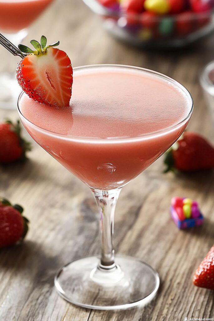 A refreshing Valentine’s Day strawberry mocktail garnished with fresh strawberries and a heart-shaped stirrer, perfect for Valentine’s Day mocktails non-alcoholic options.