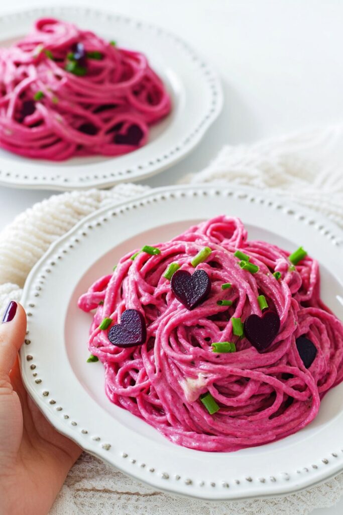 A creamy vegan pink Alfredo pasta topped with heart-shaped beets, ideal for Valentine's day food ideas for party or romantic meals.