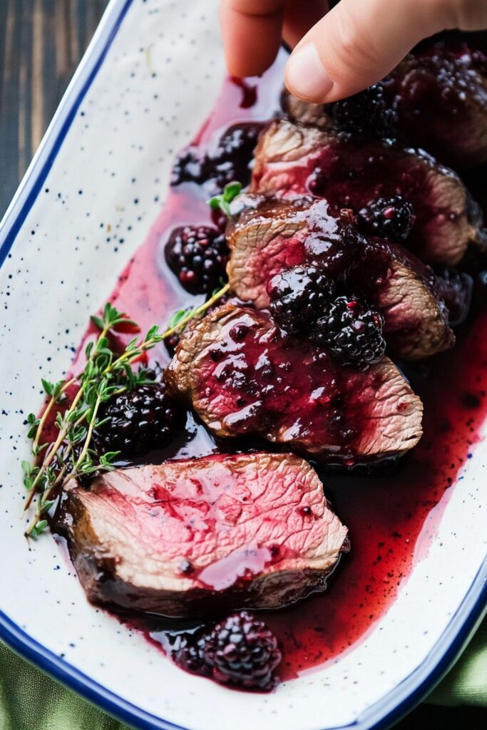 Sliced venison backstrap drizzled with a rich blackberry sauce, a refined dish for a Valentines steak dinner.