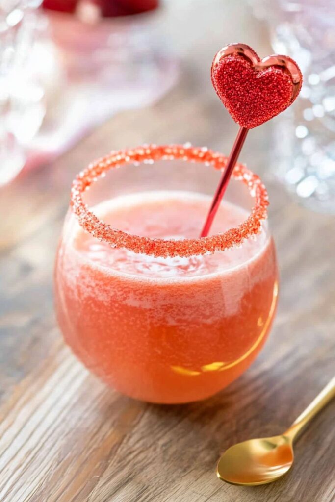 A vibrant red virgin strawberry margarita in a classic margarita glass with a sugared rim, perfect for Valentine’s Day cocktails.