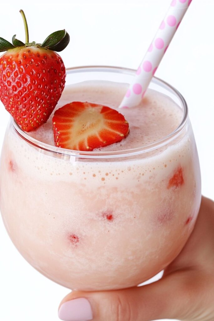 A creamy virgin strawberry piña colada served in a glass with a strawberry garnish, perfect for tropical-themed Valentine’s Day mocktails.