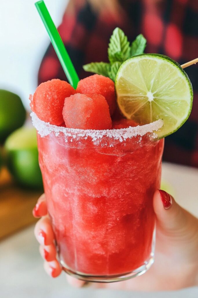 A refreshing watermelon slushie served in a tall glass with a lime wedge, perfect for Valentine’s Day drinks.